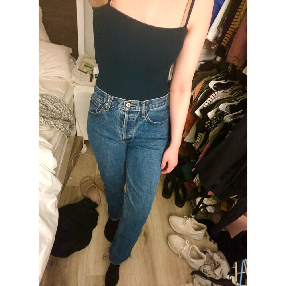 JOHN GALT Brandy Melville Button Fly Straight Jeans Frayed Hem Medium Blue B40